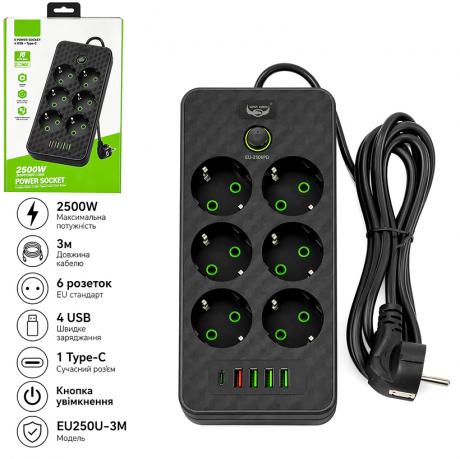 Мережевий фільтр подовжувач 3м на 6 розеток з 4 USB + 1 Type-C та вимикачем EU250U-3M Мережевий фільтр подовжувач 3м на 6 розеток з 4 USB + 1 Type-C та вимикачем EU250U-3M