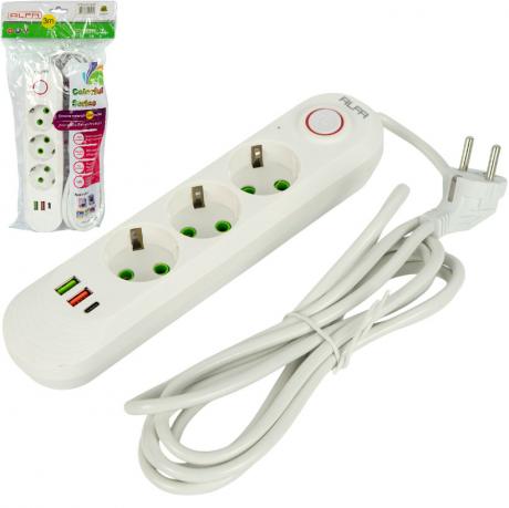 Мережевий фільтр подовжувач 3м на 3 розетки з 2 USB + 1 Type-C та вимикачем A03USB-3M Мережевий фільтр подовжувач 3м на 3 розетки з 2 USB + 1 Type-C та вимикачем A03USB-3M