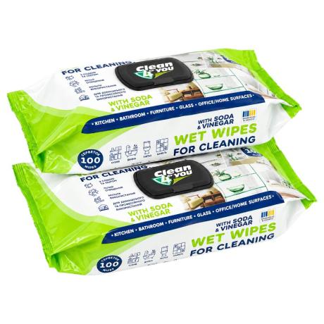 Вологі серветки для прибирання 100шт ТМ Clean4You Smart універсальні з содою та оцтом 740212 Вологі серветки для прибирання 100шт ТМ Clean4You Smart універсальні з содою та оцтом 740212