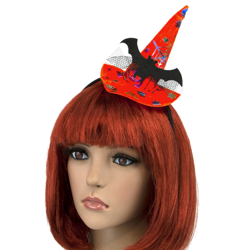 Шляпка на ободке Ведьмочка с принтом оранжевая с летучей мышью Шляпка на ободке Ведьмочка с принтом оранжевая с летучей мышью