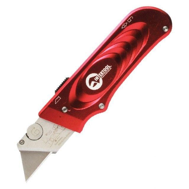 Нож с выдвижным трапециевидным лезвием, металлический корпус Intertool HT-0515