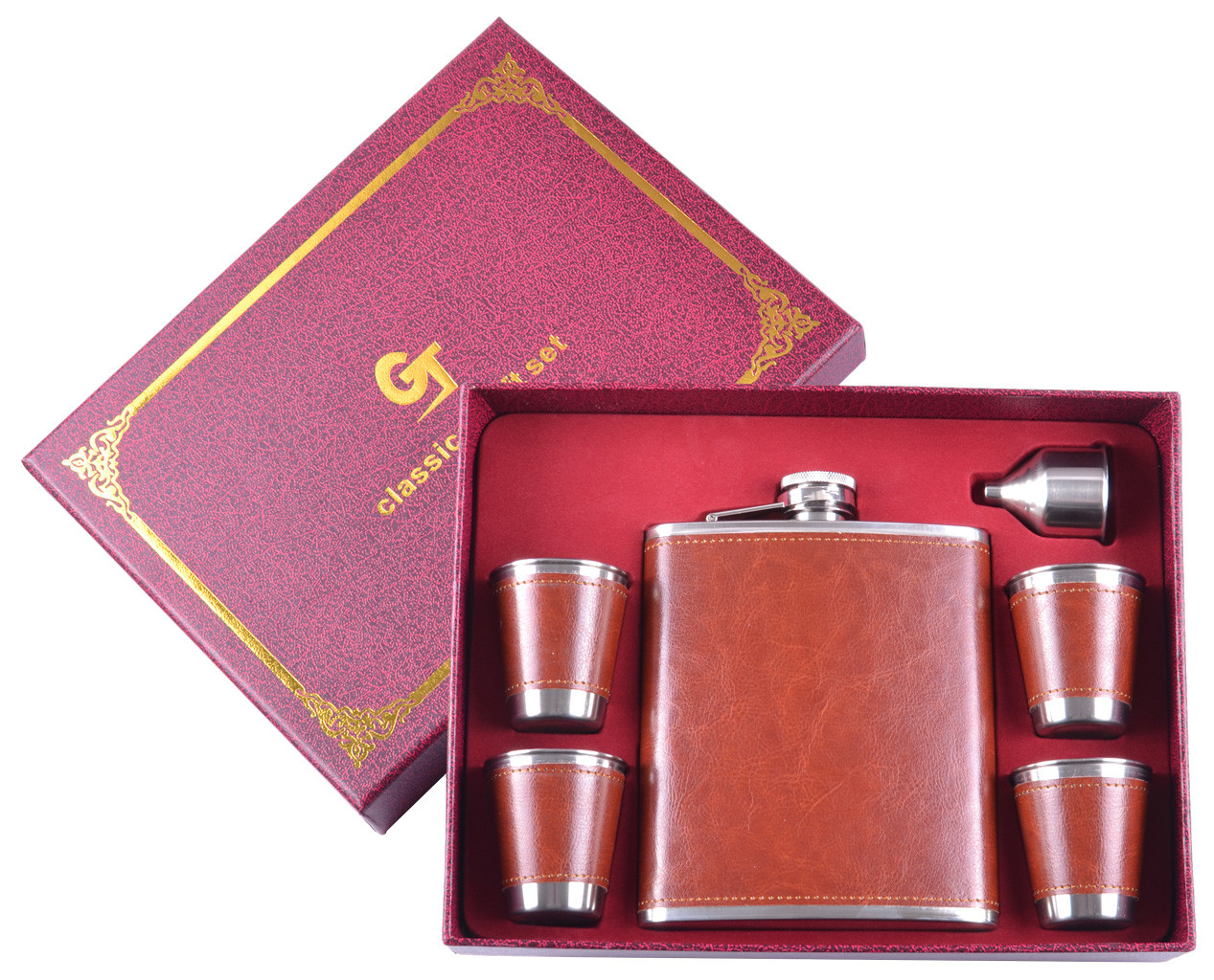 Подарочный набор фляга, 4 стопки, лейка (кожа) TZ-10A Подарочный набор фляга, 4 стопки, лейка (кожа) TZ-10A
