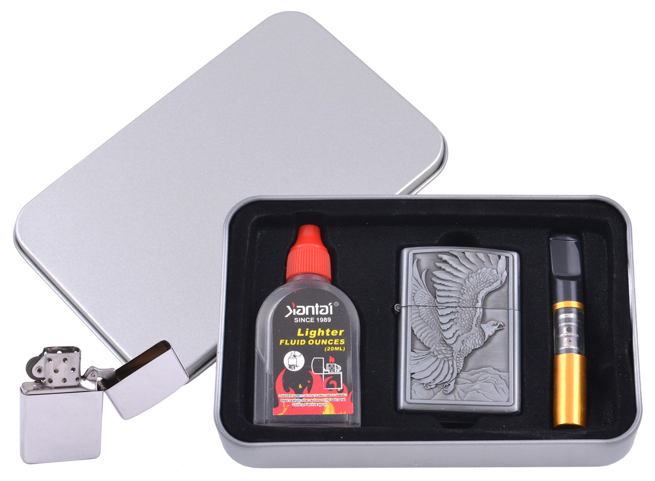 Зажигалка бензиновая в подарочной коробке (Баллончик бензина/Мундштук) Летящий Орел XT-4711-7 Зажигалка бензиновая в подарочной коробке (Баллончик бензина/Мундштук) Летящий Орел XT-4711-7