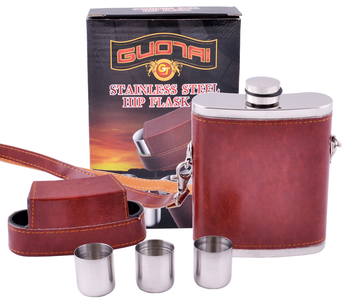 Фляга из пищевой нержавеющей стали обтянута кожей (256мл/ 9oz.) + рюмки BZ-9 Коричневая Фляга из пищевой нержавеющей стали обтянута кожей (256мл/ 9oz.) + рюмки BZ-9 Коричневая