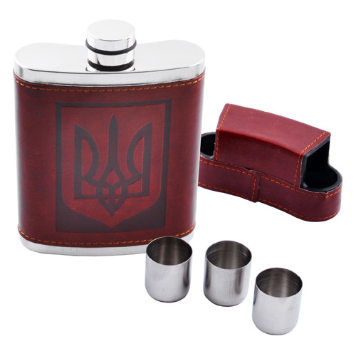 Фляга из пищевой нержавеющей стали обтянута кожей Украина + рюмки BZ-YY-9 Фляга из пищевой нержавеющей стали обтянута кожей Украина + рюмки BZ-YY-9