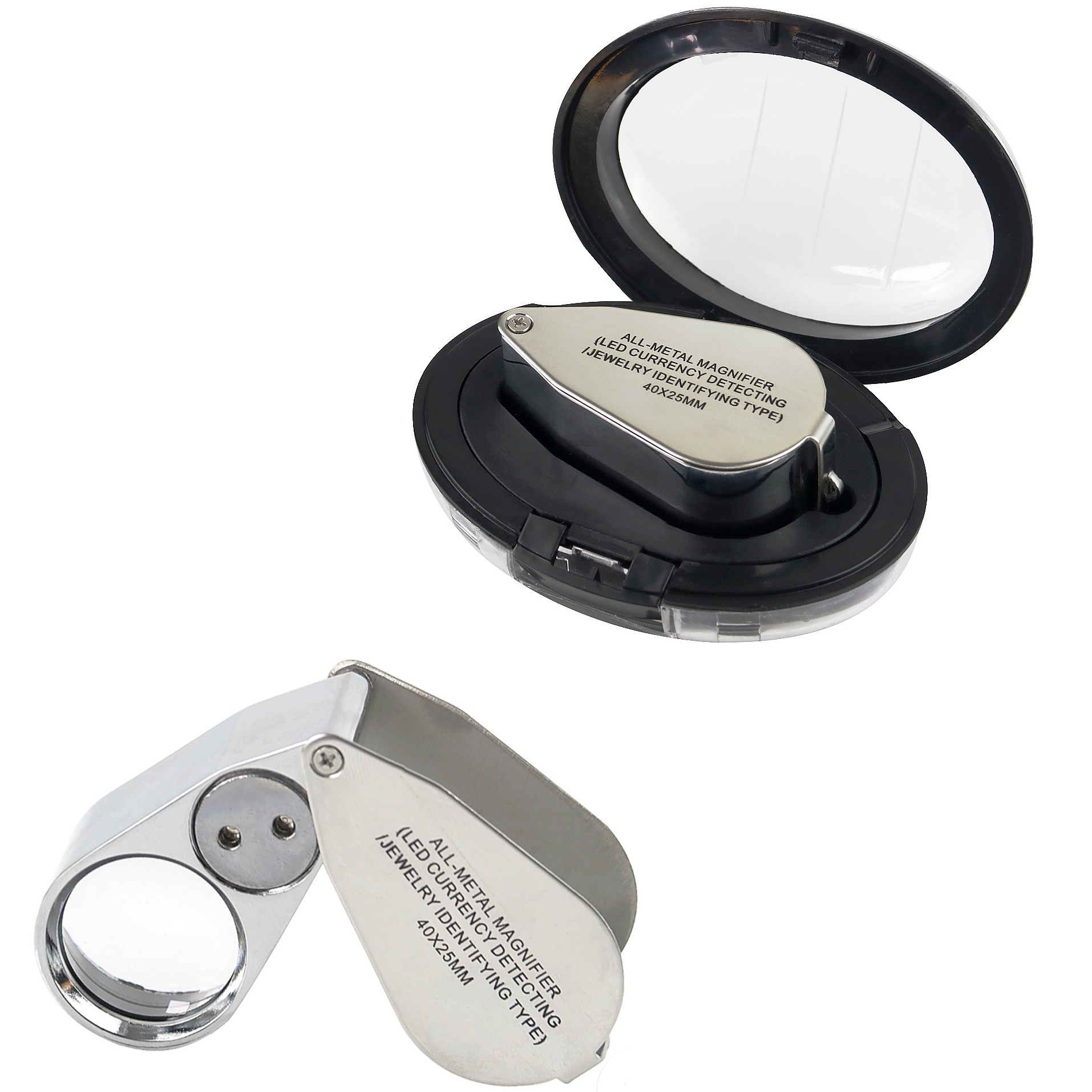 Лупа складная 40x с LED и UV-подсветкой, металлическая MG9890 Лупа складная 40x с LED и UV-подсветкой, металлическая MG9890