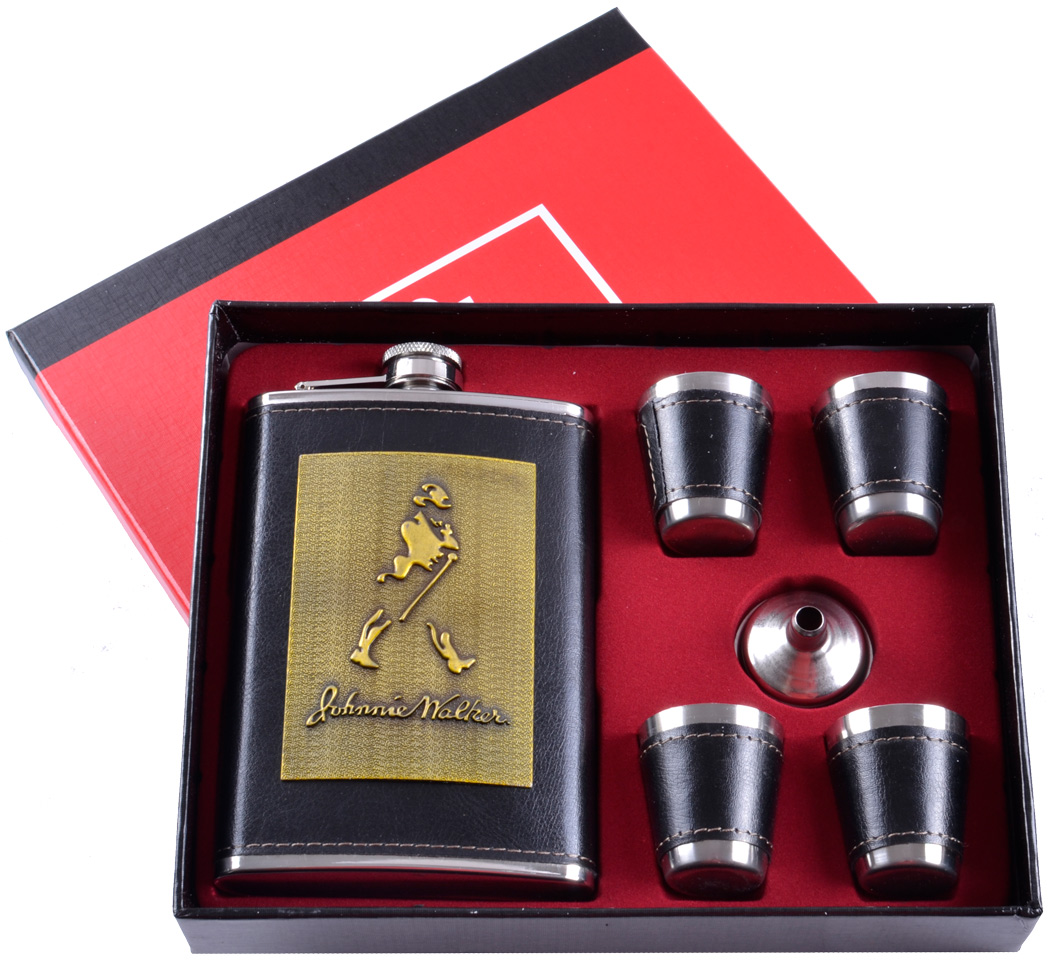 Подарочный набор 6в1 фляга с набойкой 'Johnnie Walker' (обтянута кожей), 4 рюмки, лейка TZ-5 Подарочный набор 6в1 фляга с набойкой 'Johnnie Walker' (обтянута кожей), 4 рюмки, лейка TZ-5