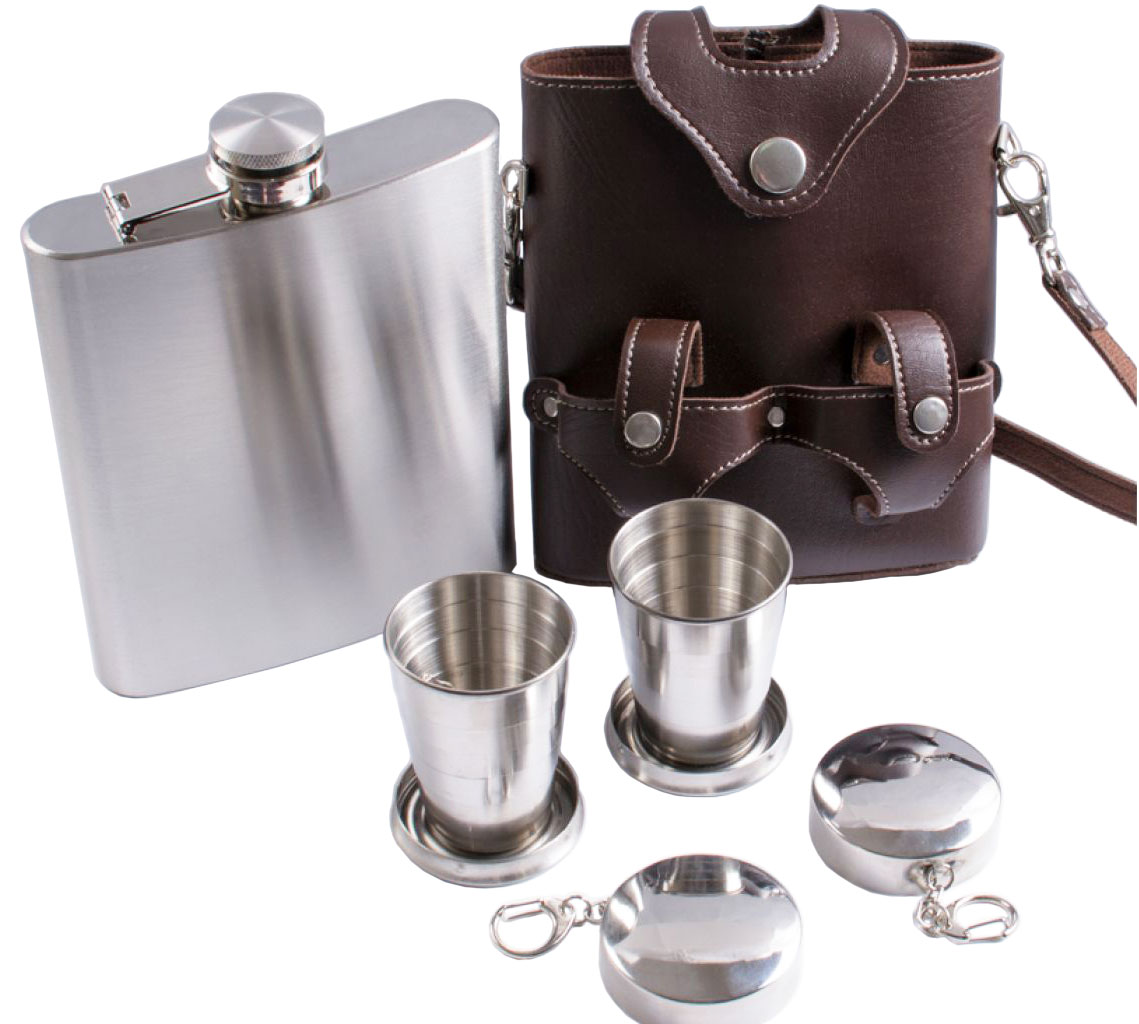Набор в кожаном чехле Фляга, раздвижные стаканы PT-A Набор в кожаном чехле Фляга, раздвижные стаканы PT-A