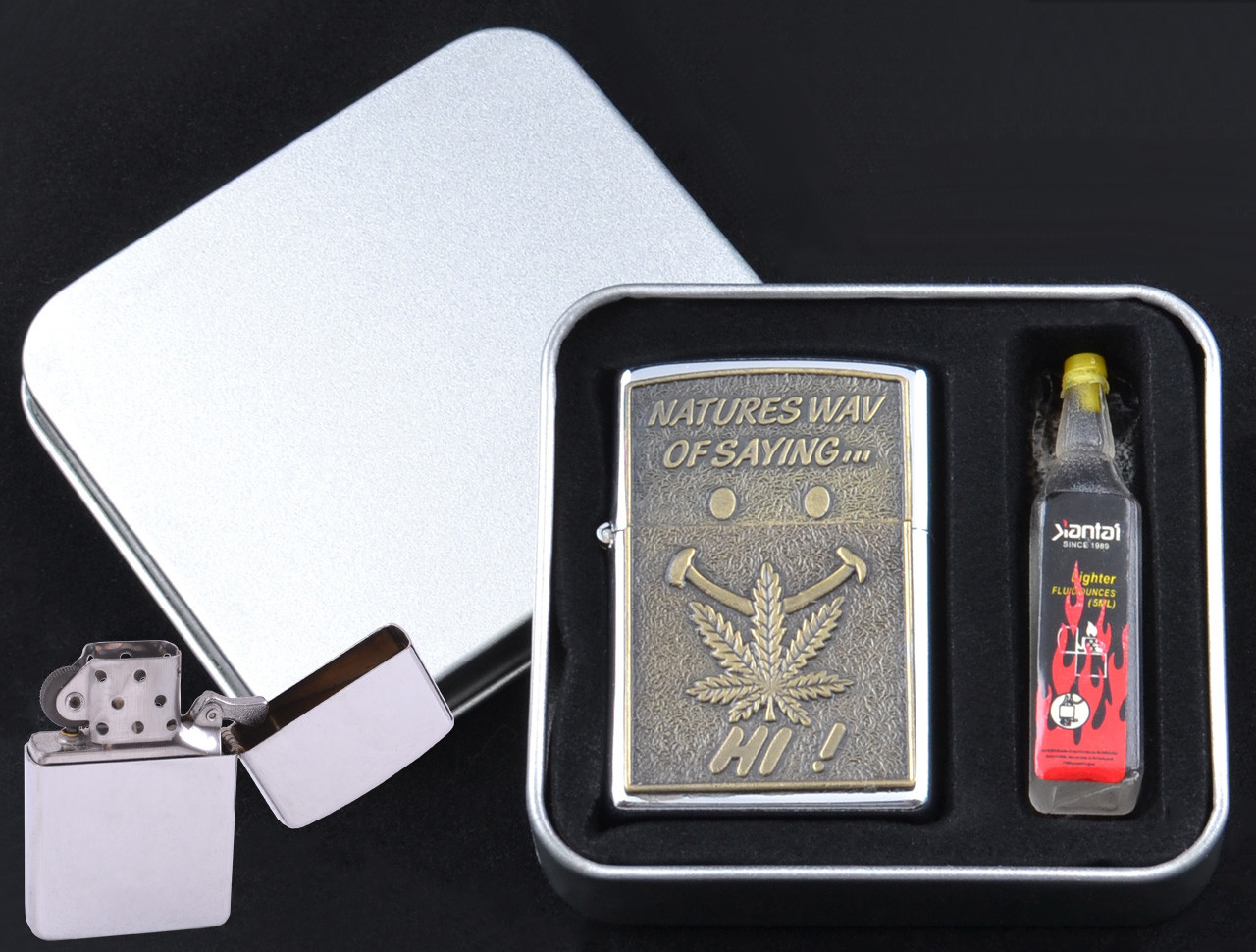 Зажигалка бензиновая в подарочной упаковке Конопля №XT-3858-2 Зажигалка бензиновая в подарочной упаковке Конопля №XT-3858-2