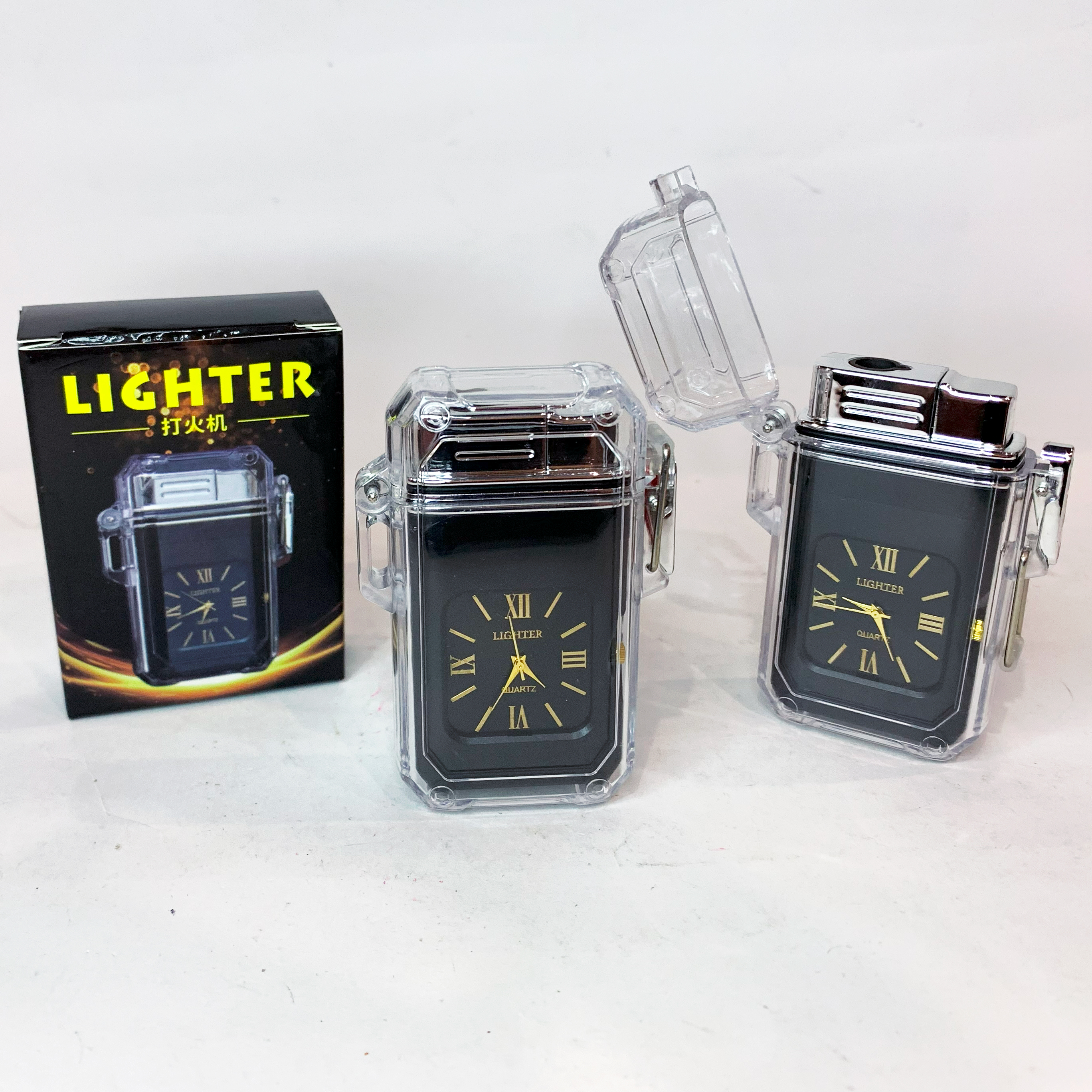 Газовая зажигалка в защитном корпусе с часами Газовая зажигалка в защитном корпусе с часами