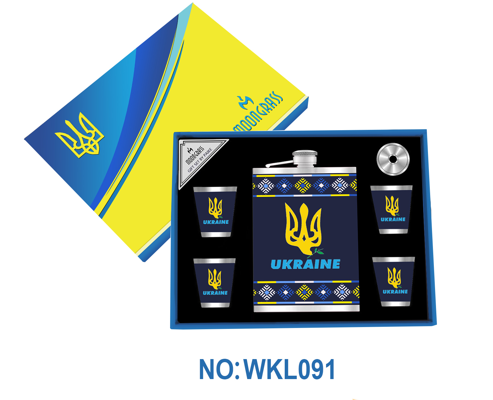 Подарочный набор фляга с рюмками и лейкой Украина WKL091 Подарочный набор фляга с рюмками и лейкой Украина WKL091