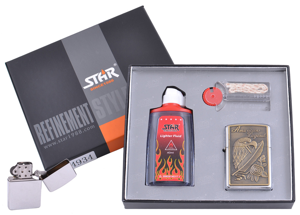 Зажигалка бензиновая в подарочной коробке (Баллончик бензина/Кремень/Фитиль) American Legend №XT-4934-1 Зажигалка бензиновая в подарочной коробке (Баллончик бензина/Кремень/Фитиль) American Legend №XT-4934-1