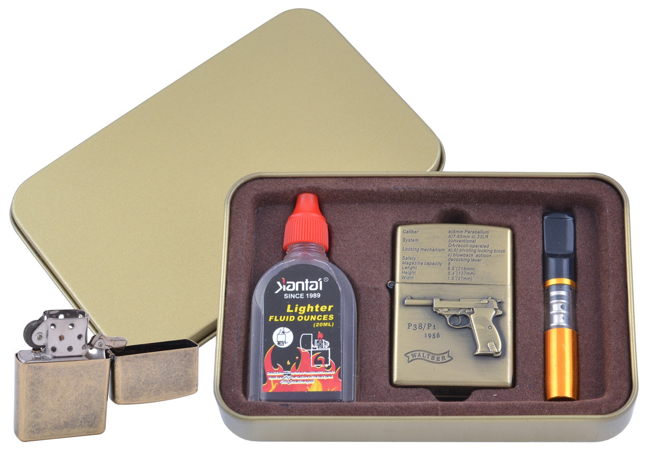Зажигалка бензиновая в подарочной коробке (Баллончик бензина/Мундштук) Пистолет P38/P1 XT-4716-4 Зажигалка бензиновая в подарочной коробке (Баллончик бензина/Мундштук) Пистолет P38/P1 XT-4716-4