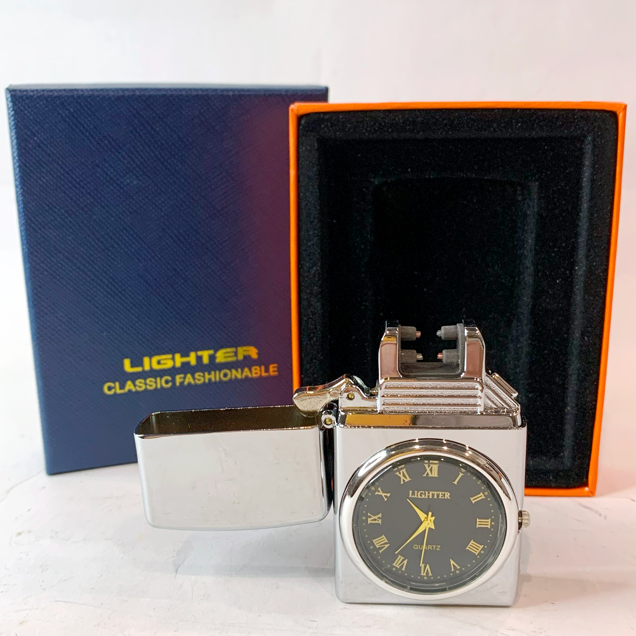 Электрическая USB-зажигалка с двойной дуговой плазмой и встроенными часами Электрическая USB-зажигалка с двойной дуговой плазмой и встроенными часами