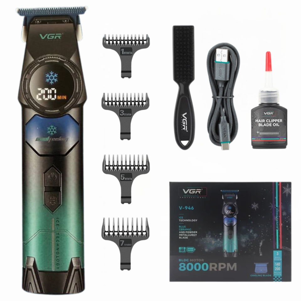 Триммер VGR V-946 с технологией охлаждения ICE TECHNOLOGY, 4 насадки, 8000 RPM, 3000 mAh, LED display Триммер VGR V-946 с технологией охлаждения ICE TECHNOLOGY, 4 насадки, 8000 RPM, 3000 mAh, LED display